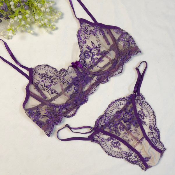 Purple Embroidered Net Bra Set