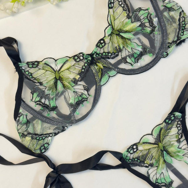 Parrot Green Butterfly Bow Tie Net Bra Set