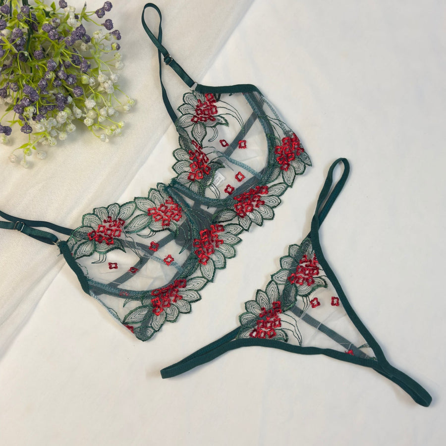 Green Red Embroidered Net Bra Set