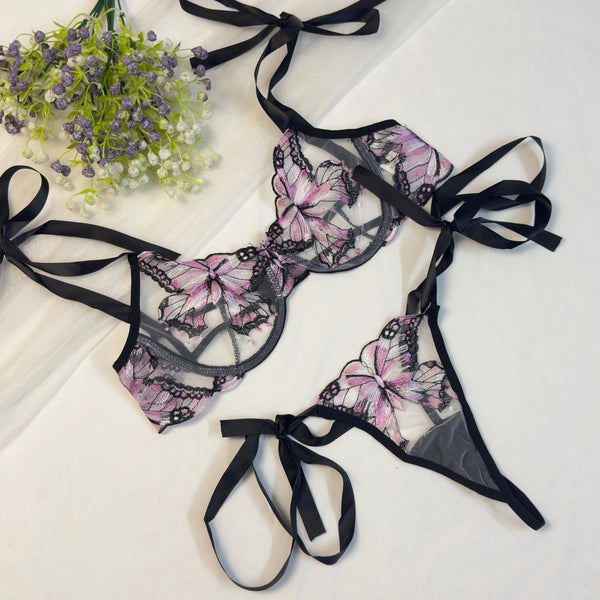 Pink Butterfly Bow Tie Bra Set