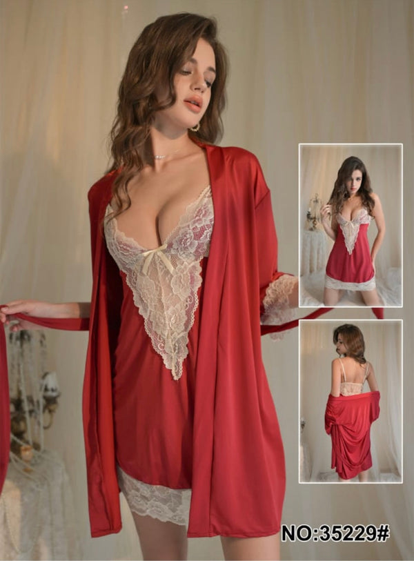 Two Piece Red Nighty with Lace