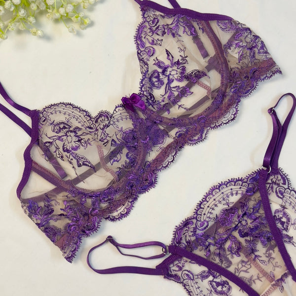 Purple Embroidered Net Bra Set