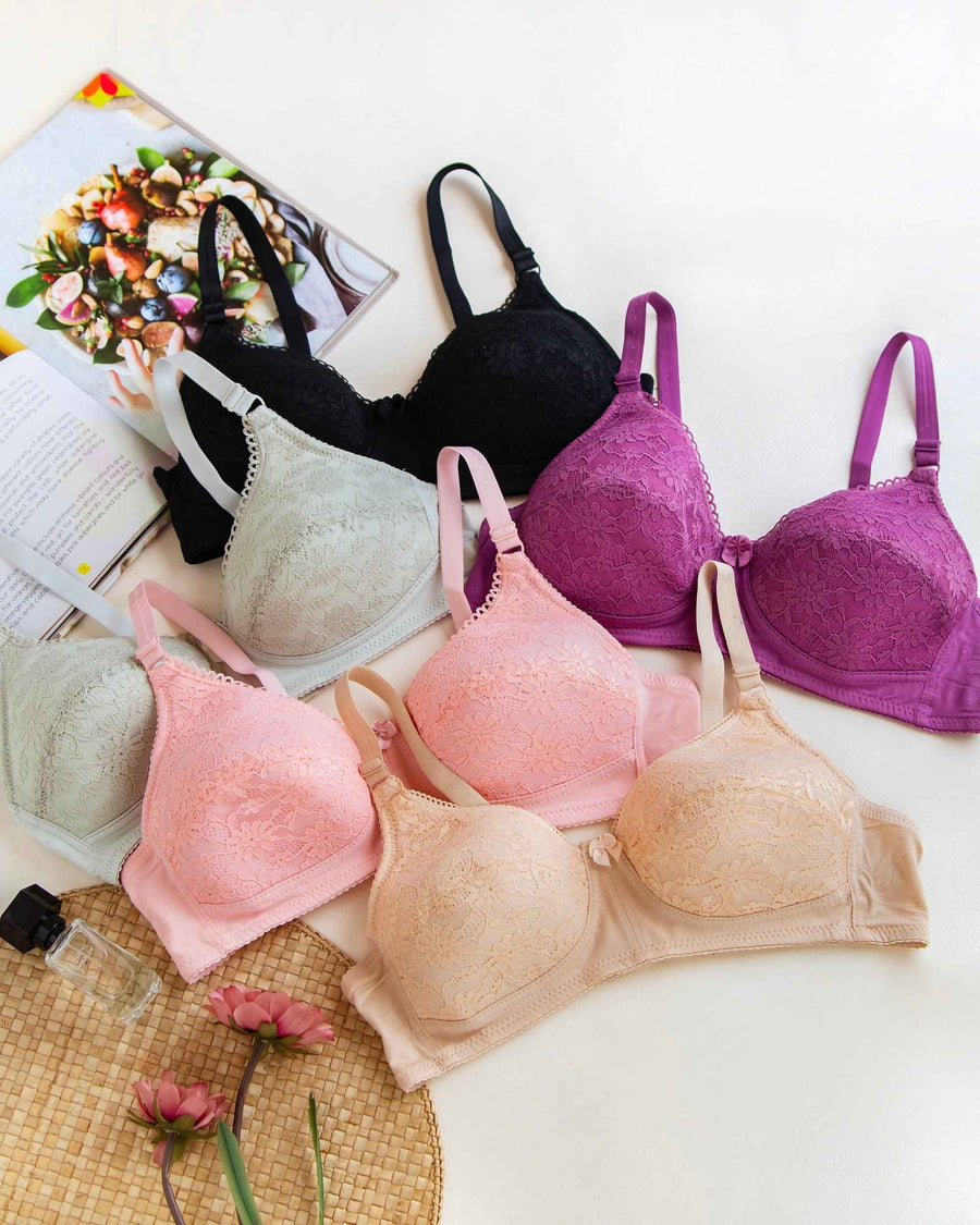 Floral Pattern Thin Pad Bra Non Wired