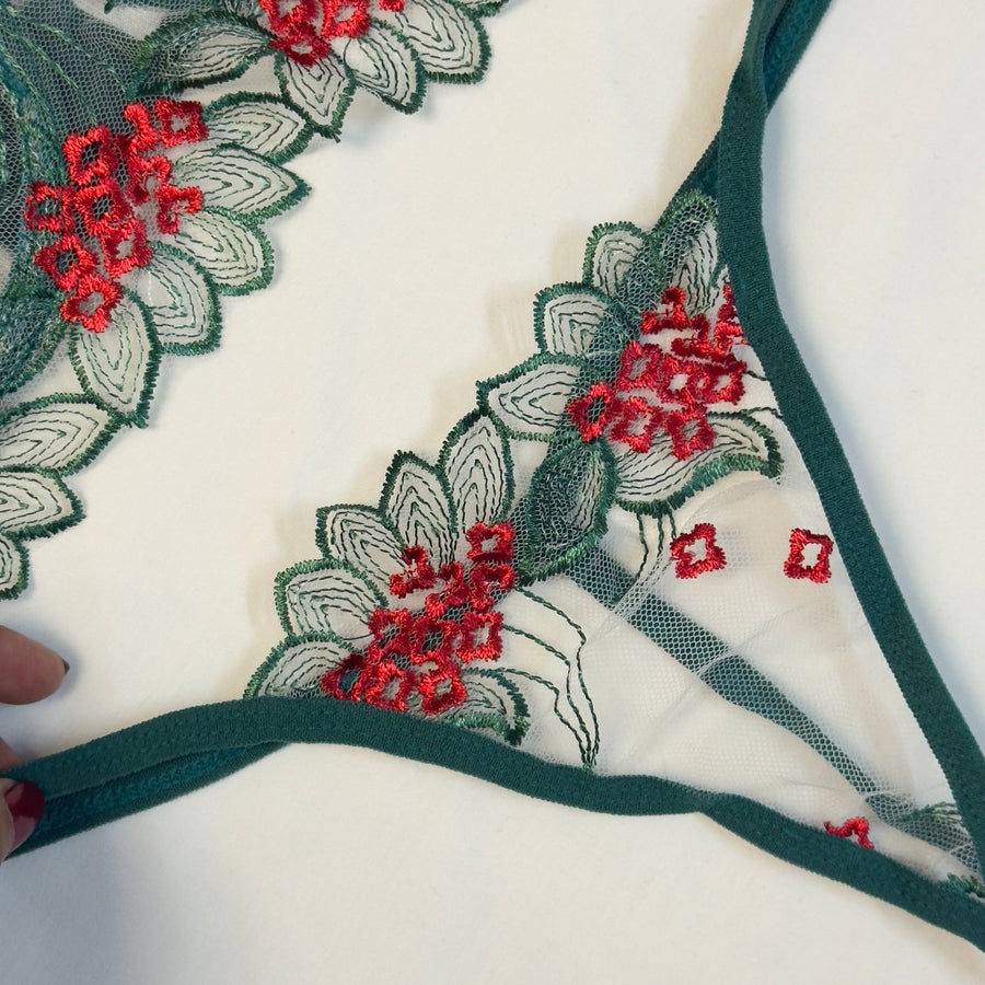 Green Red Embroidered Net Bra Set