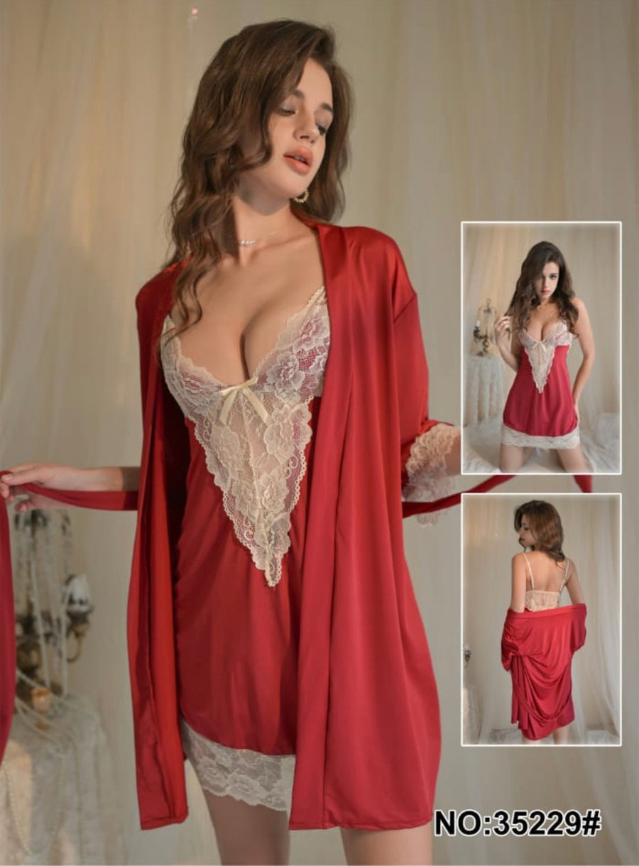 Two Piece Red Nighty with Lace