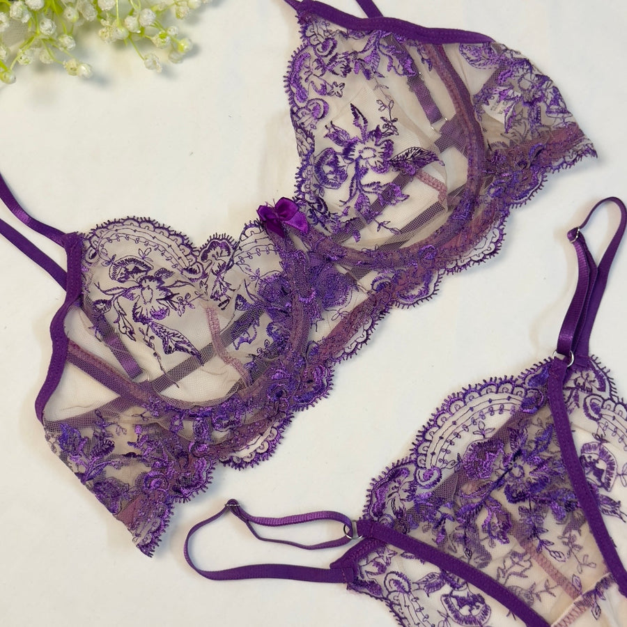 Purple Embroidered Net Bra Set